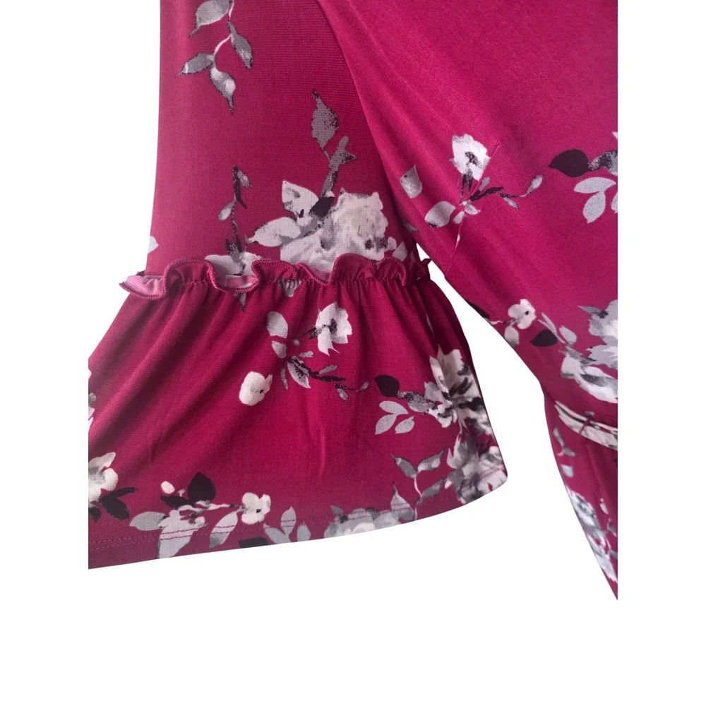 Cato Burgundy Floral Wrap Midi Dress Ruffle Sleeve V-Neck Tie Waist Stretch L B1